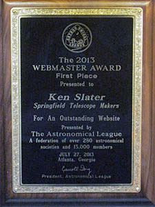 2013 Astronomical Leagure Webmaster Award